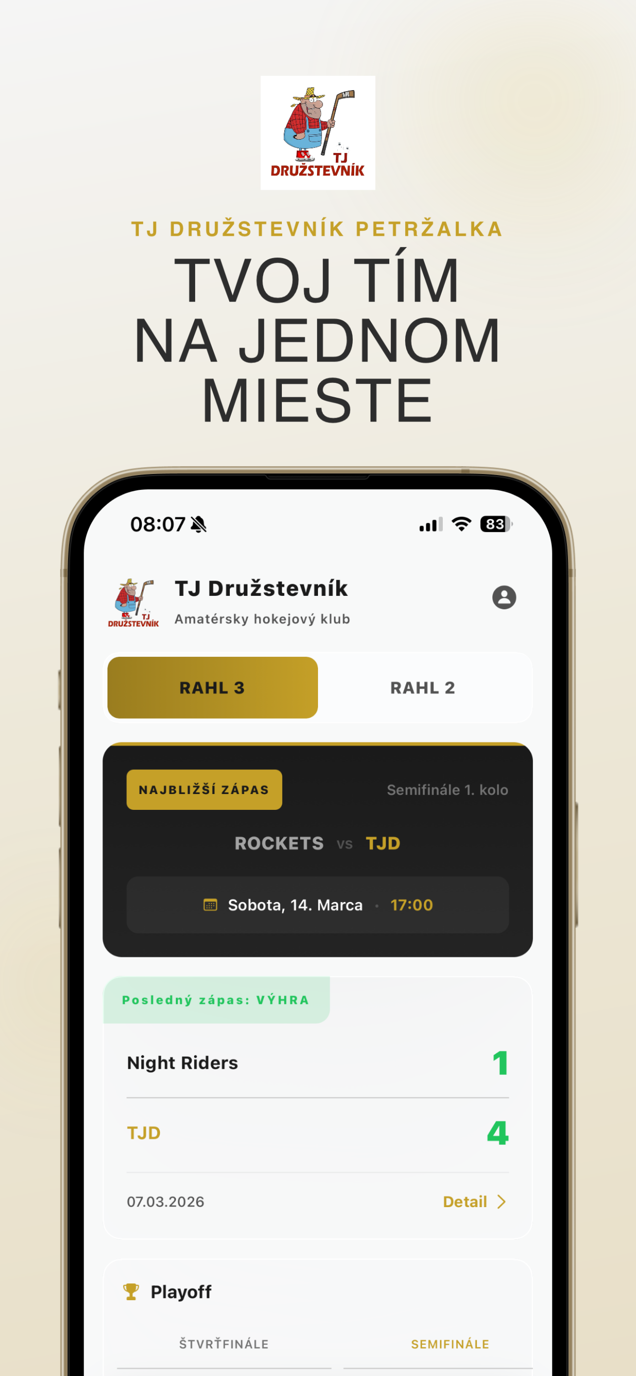 Hlavná obrazovka mobilnej aplikácie TJ Družstevník Petržalka