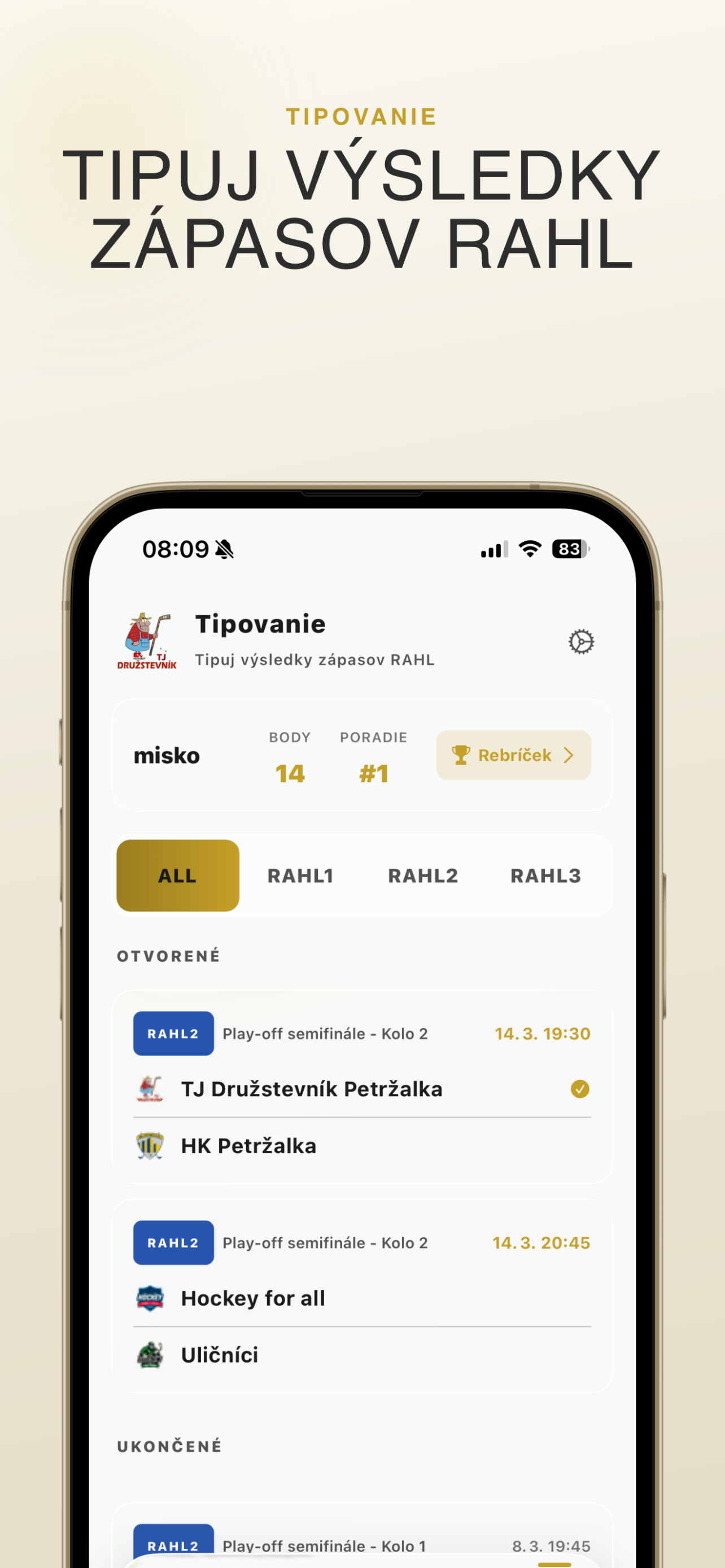 Tipovanie RAHL hokejových zápasov v aplikácii